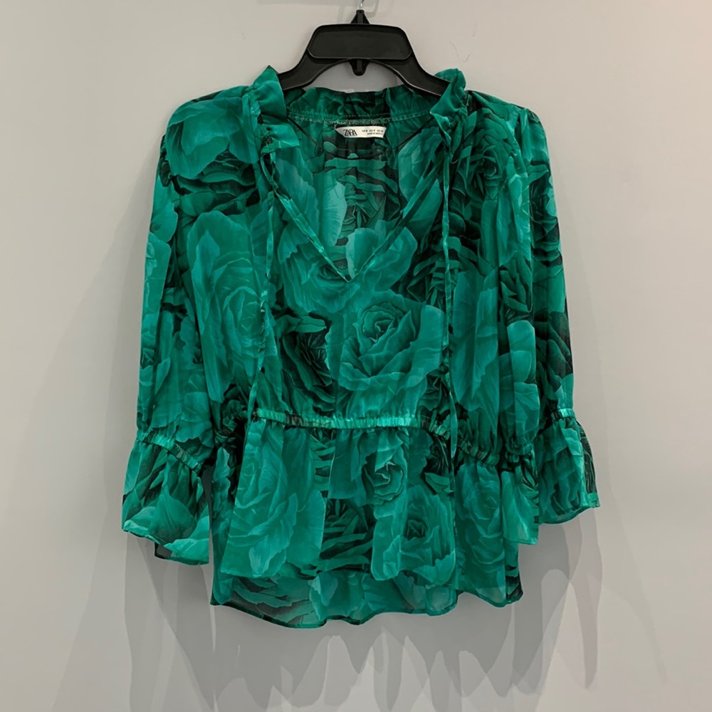 Zara green floral blouse